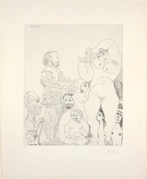 Self Portrait with a Cane with a Comedian in Costume, Cupid, and Women, from 347 Suite — Aldo and Piero Crommelynck|Pablo Picasso|Galerie Louise Leiris