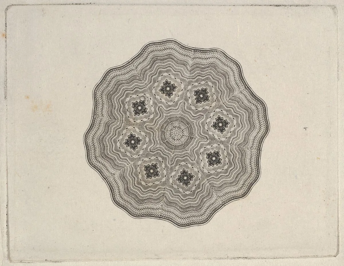 Banknote motif: rounded ornamental lathe work design with a wavy edge — A. B. & C. Durand & Company|Durand, Perkins, and Company|Cyrus Durand