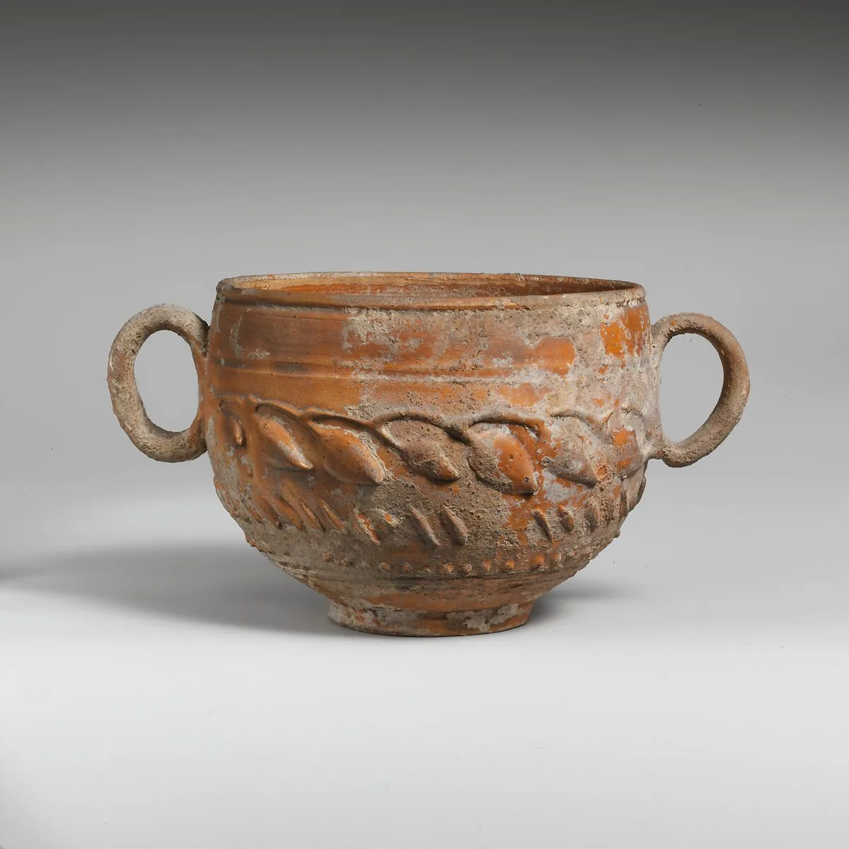 Terracotta scyphus (drinking cup) with barbotine decoration — Unknown