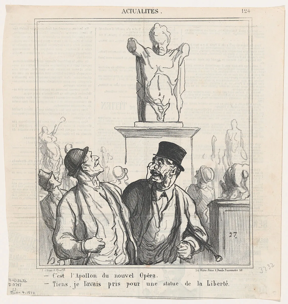 –It's the Apollo of the new opera. –Well, I had taken it for the statue of liberty, from 'News of the day,' published in Le Charivari, June 4, 1870 — Arnaud de Vresse|Honoré Daumier|Walter Frères
