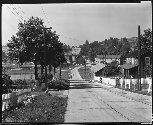 [View of Street with Frame Houses and Telephone Pole, Westmoreland County, Pennsylvania]