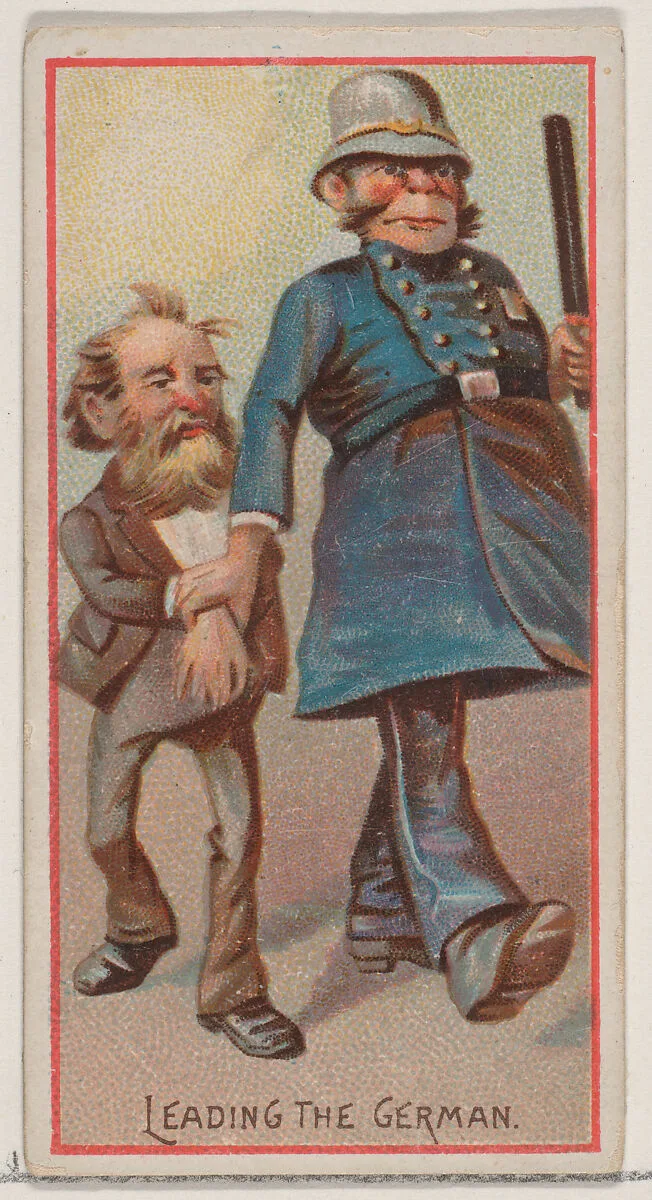 Caricatured figure / Leading the German, from the Jokes series (N87) for Duke brand cigarettes — W. Duke, Sons & Co.|George S. Harris & Sons