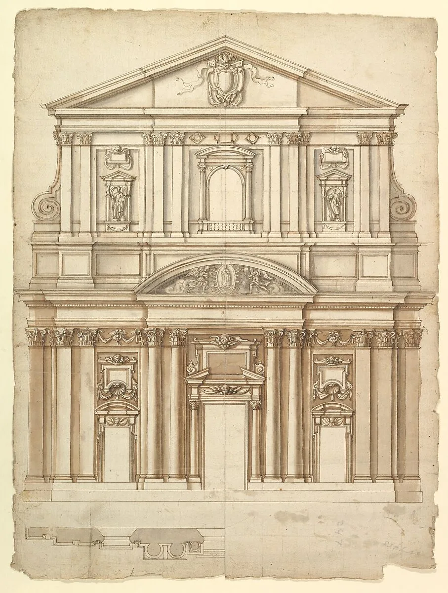 Santa Maria in Vallicella, elevation; plan (recto) blank (verso) — Anonymous, French, 16th century