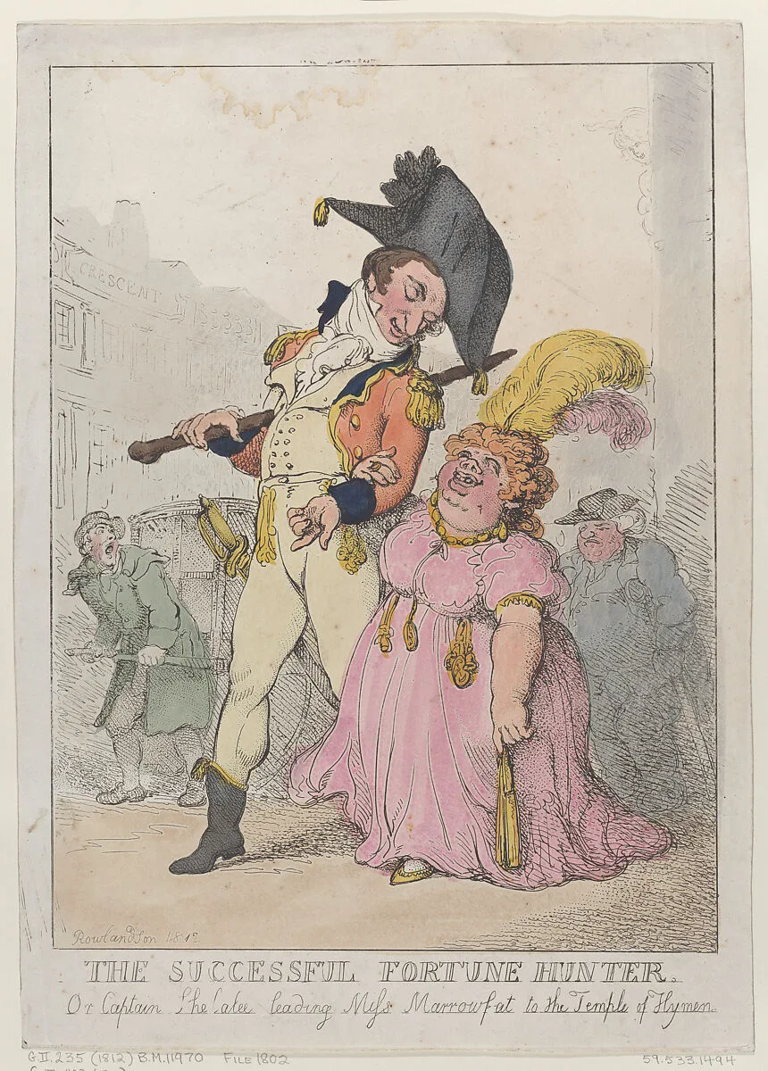 The Successful Fortune Hunter, or Captain Shelalee Leading Miss Marrowfat to the Temple of Hymen — Thomas Rowlandson