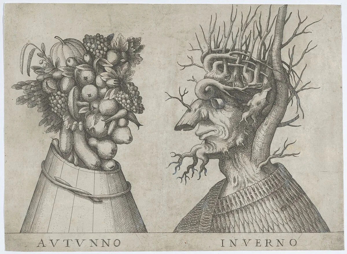 Autumn and Winter: two heads made from flora typical of those seasons — Giuseppe Arcimboldo|Anonymous, Italian, 16th to early 17th century