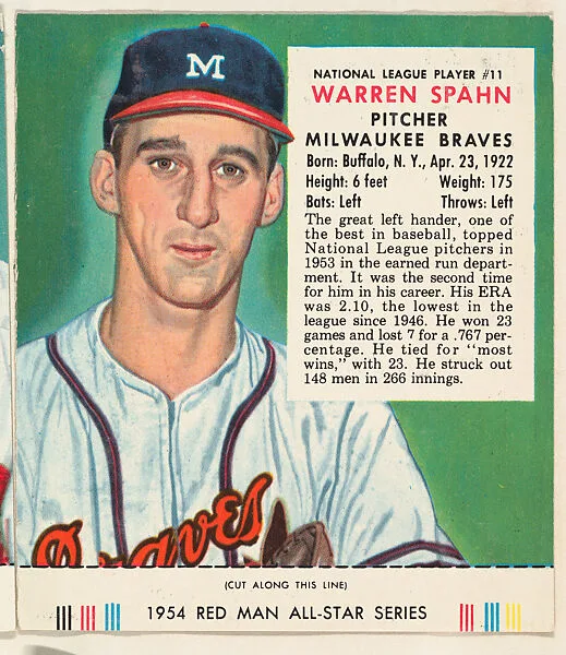 Warren Spahn, from the Major League All Stars series (T234), issued by Red Man Chewing Tobacco — Red Man Chewing Tobacco