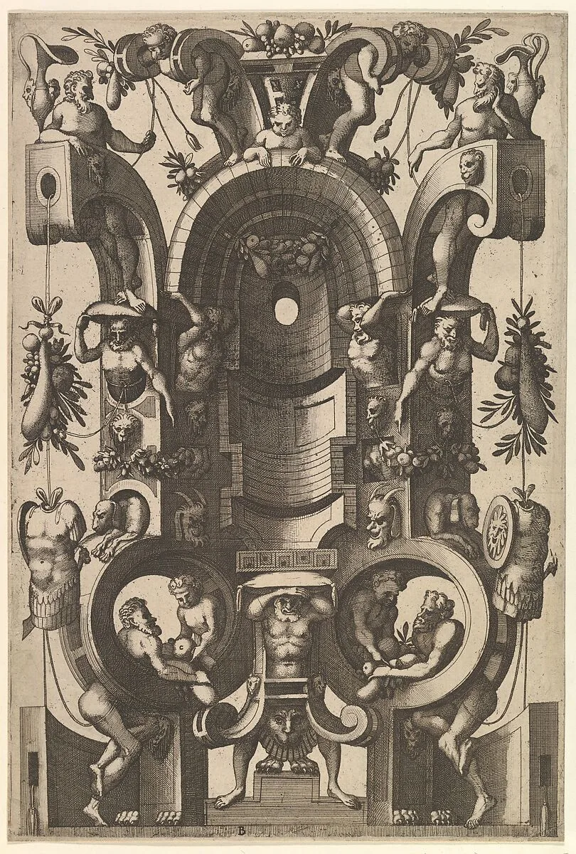 Niche in the Form of a Cartouche from Veelderleij Veranderinghe van grotissen ende Compertimenten...Libro Primo — Johannes van Doetecum I|Lucas van Doetecum|Cornelis Floris II