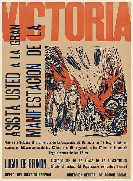 Poster celebrating the victory of defeating the Nazis, bombs with British, Soviet and American insignia rain down and a Nazi skeleton crawls from the flames — Taller de Gráfica Popular|Alfredo Zalce