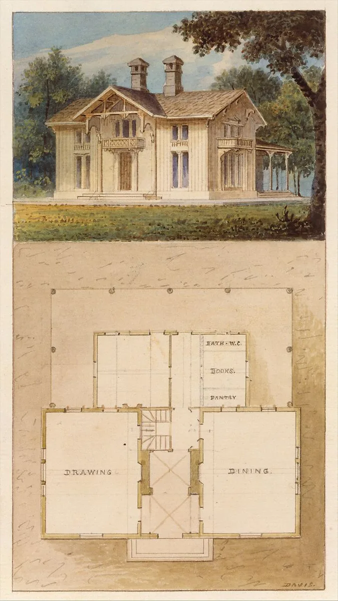 Design for a Cottage-Villa in the Bracketted Mode, Constructed in Wood (perspective and plan) — Alexander Jackson Davis