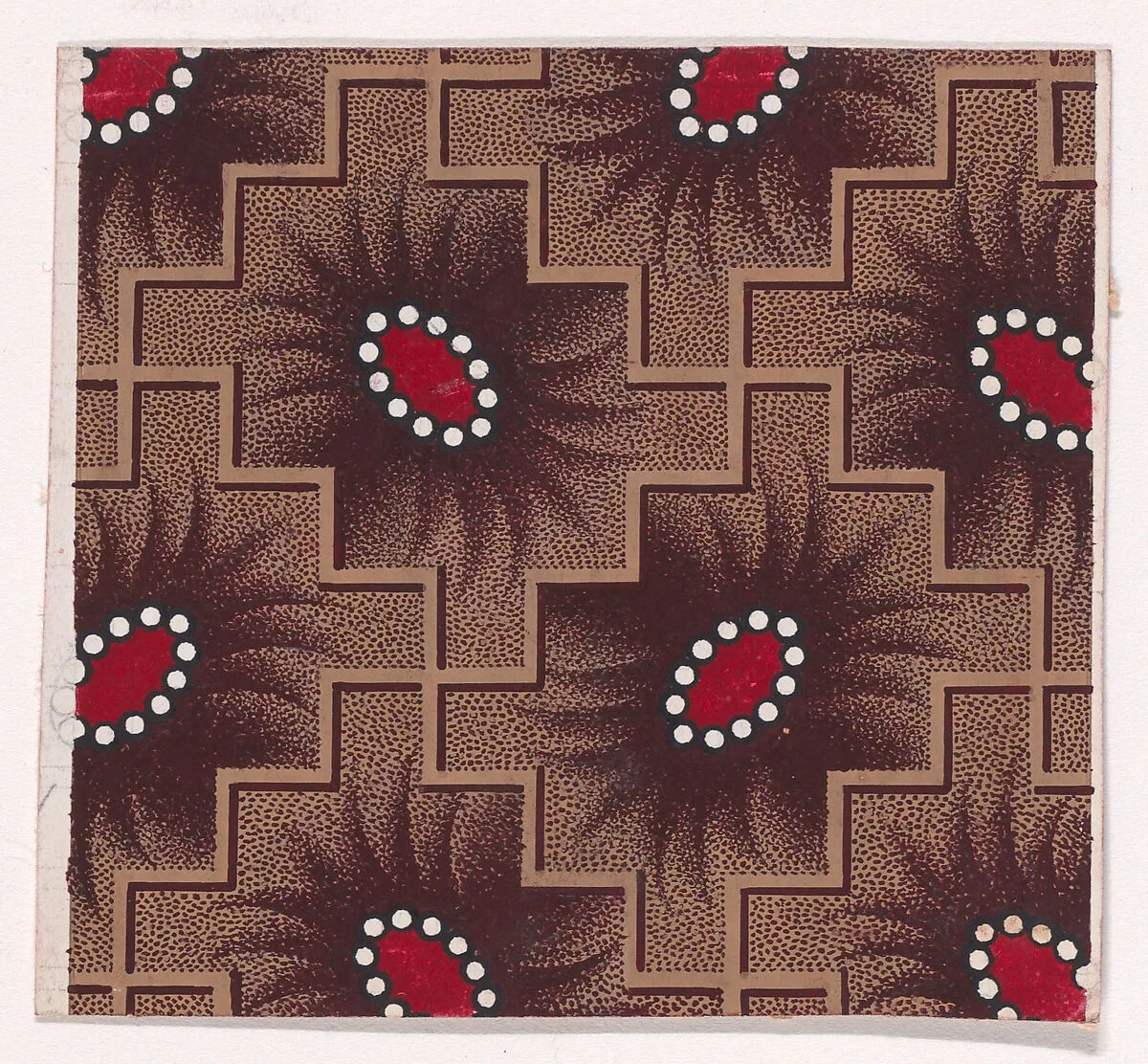 Textile Design with Alternating Shuttle-Shaped Motifs Framed by Pearls and with Offsetting Palmettes Framed by a Checked Pattern of Intersecting Zig-Zagging Diagonal Lines — Anonymous, Alsatian, 19th century