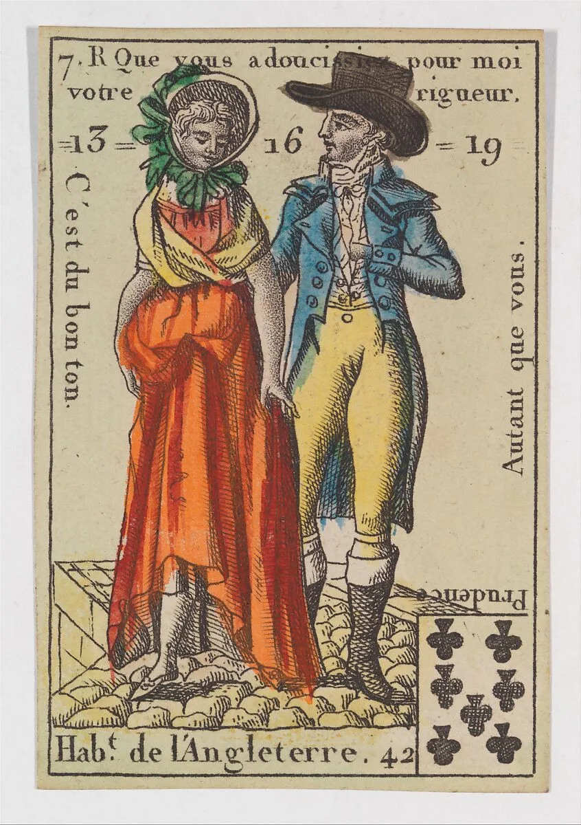 Hab.t de l'Angleterre, from the playing cards (for quartets) "Costumes des Peuples Étrangers" — Anonymous, French, 18th century