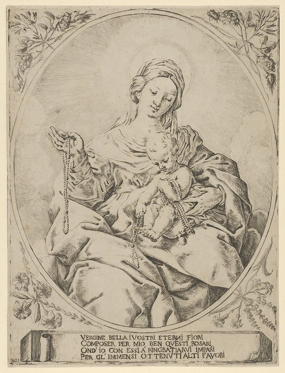 The Virgin seated holding a rosary in her right hand, the infant Christ on her lap holding several rosaries, in an oval frame with flowers surrounding it and a tablet with inscription at the base — Guido Reni|Anonymous
