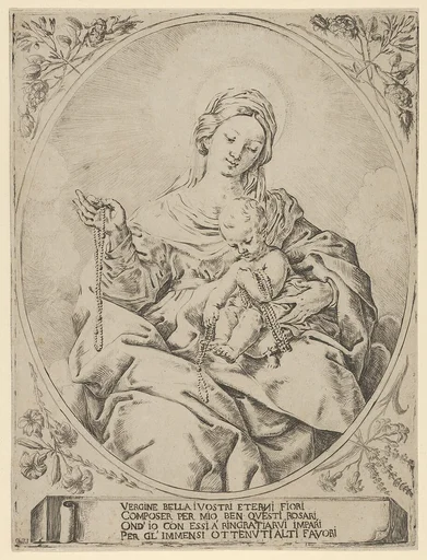 The Virgin seated holding a rosary in her right hand, the infant Christ on her lap holding several rosaries, in an oval frame with flowers surrounding it and a tablet with inscription at the base