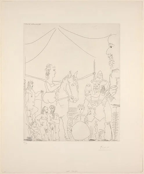 At the Circus: Group with Female Rider and Clown, from 347 Suite — Pablo Picasso|Aldo and Piero Crommelynck|Galerie Louise Leiris