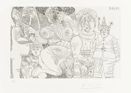 A Woman in a Hat with a Man in a Turban, Clown, Putto and Spectator, from 347 Suite