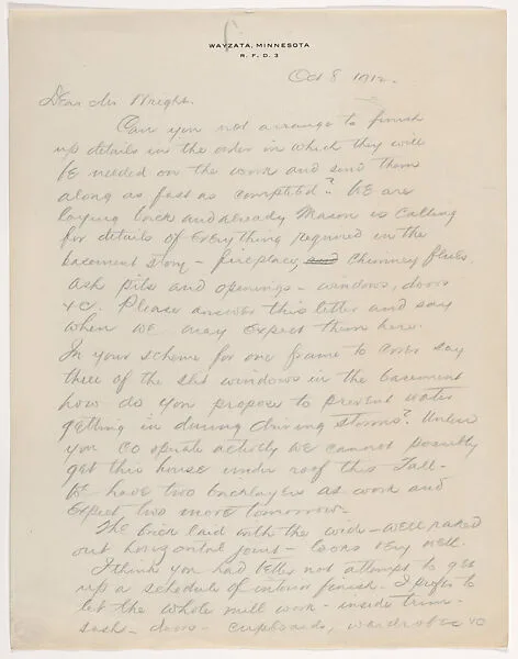 Lettter: Francis W. Little to Frank Lloyd Wright, October 8, 1912 (copy) — Francis W. Little
