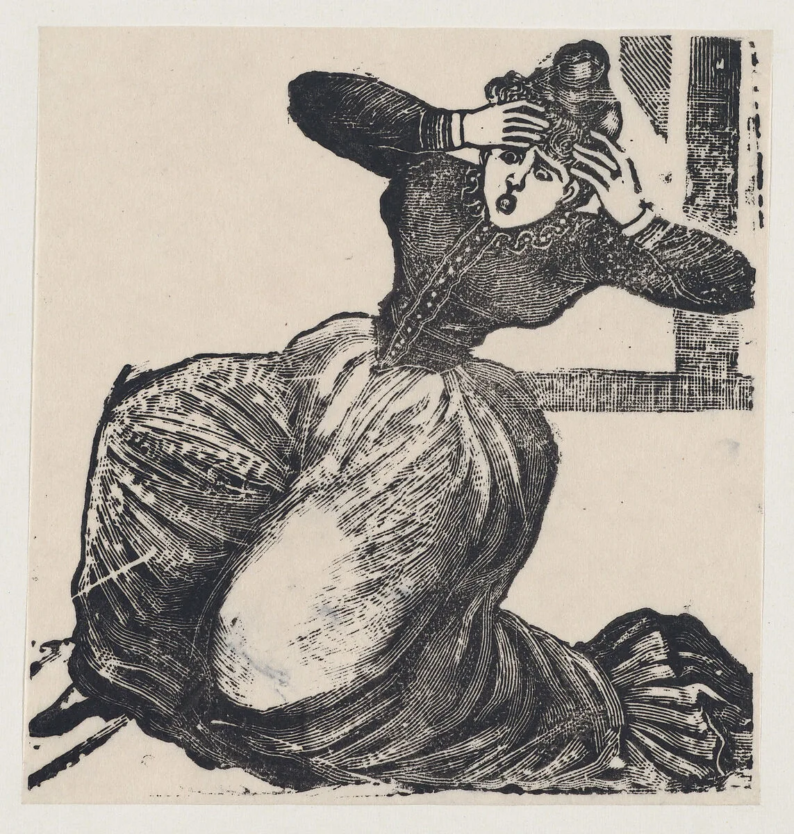 A gasping woman on the ground with her hands raised to her head, from a broadside entitled 'Gaceta Callejera' — José Guadalupe Posada