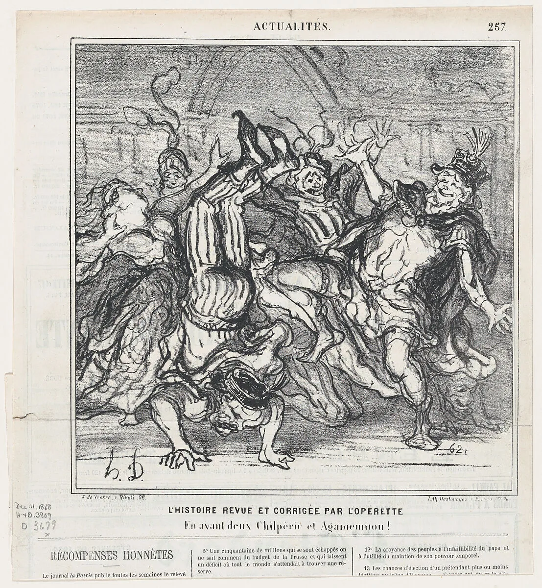 History revised and corrected by the operetta: Go ahead Chilperic and Agamemnon!, from 'News of the day,' published in Le Charivari, December 11, 1868 — Destouches|Honoré Daumier|Arnaud de Vresse