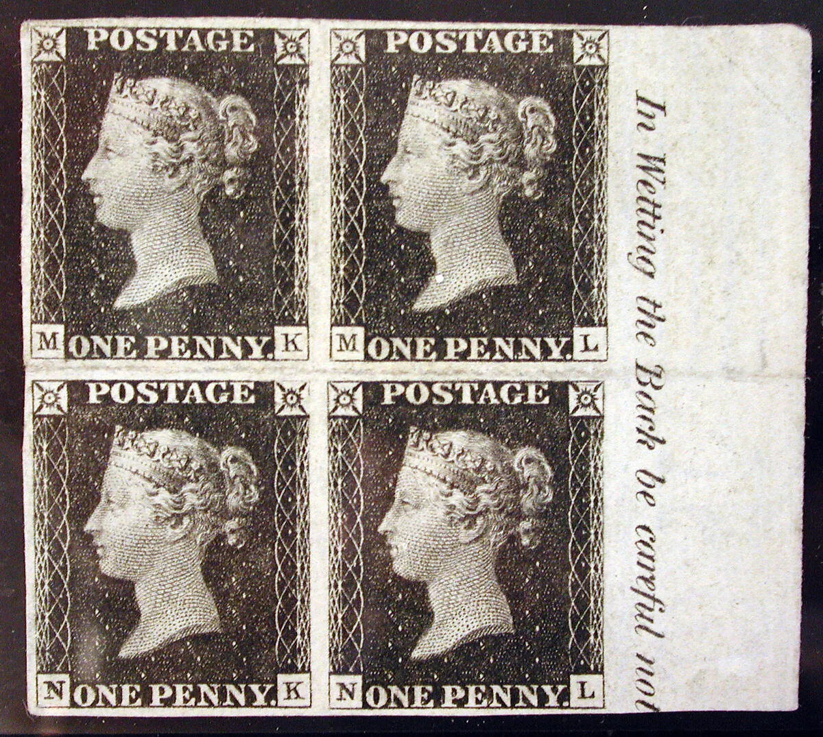 Unused block of four "Penny Black" postage stamps of Queen Victoria — William Wyon