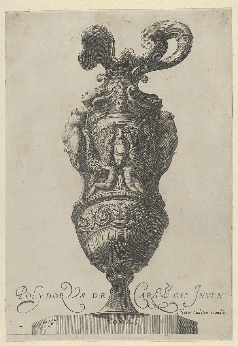 Plate 7: Vase or Ewer Decorated With a Vase Flanked by Putti and Two Large Female figures whose legs morph into griffin claws, from Antique Vases (Vasa a Polydoro Caravagino) — Cherubino Alberti (Zaccaria Mattia)|Polidoro da Caravaggio|Aegidius Sadeler II|Marcus Sadeler