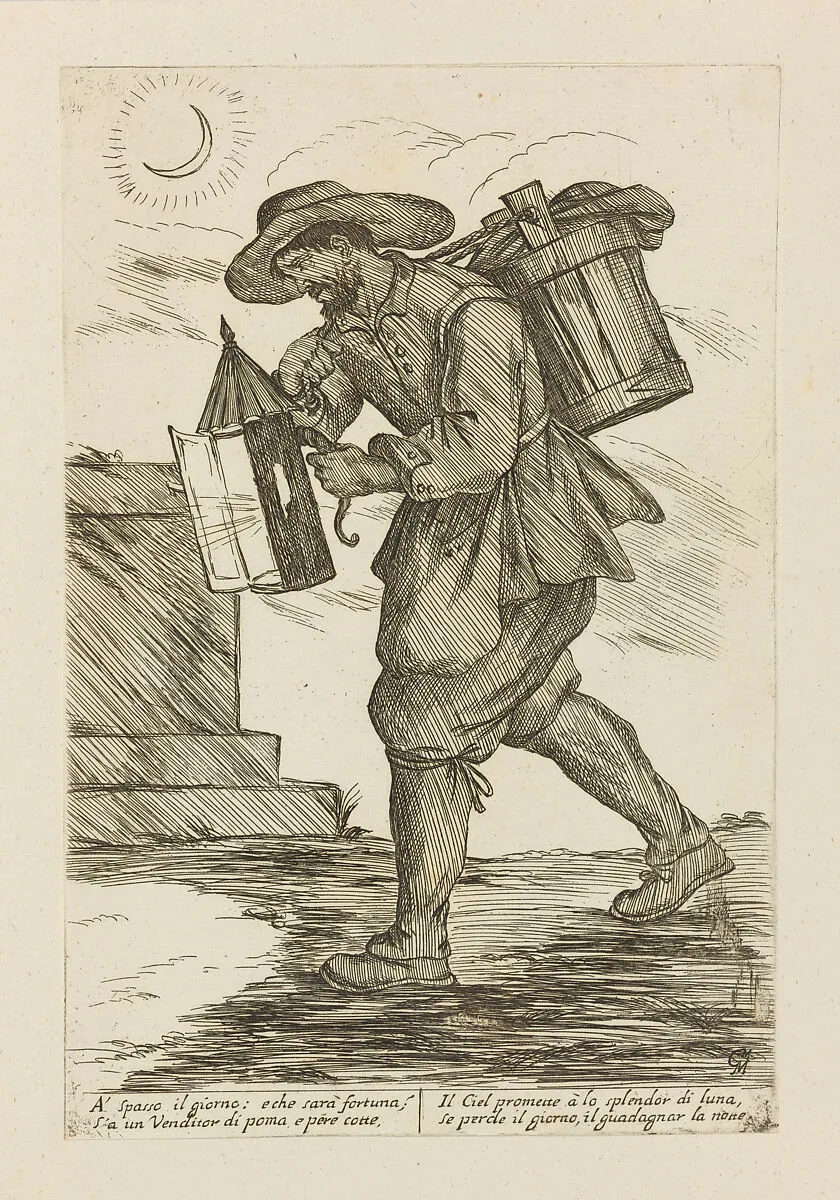 Vendor of Cooked Apples and Pears by Moonlight, from Di Bologna l'Arti per via D'An.ibal' Ca.rac, plate 39 — Giuseppe Maria Mitelli|Annibale Carracci|Giovanni Giacomo De Rossi