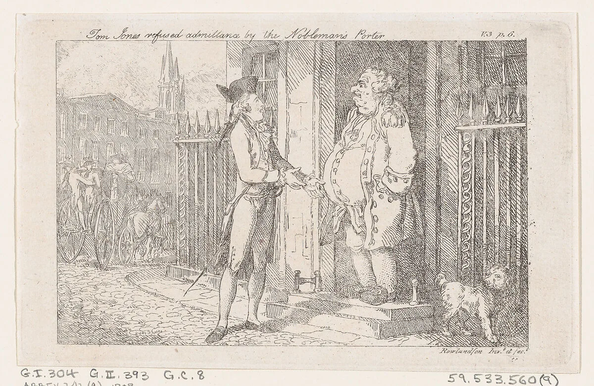 Tom Jones Refused Admittance by the Nobleman's Porter, from "The History of Tom Jones, a Foundling" — Henry Fielding|Thomas Rowlandson