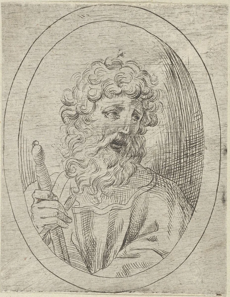 Saint Paul holding a sword, in an oval frame, from "Christ, the Virgin, and Thirteen Apostles" — Anonymous, 17th century|Guido Reni