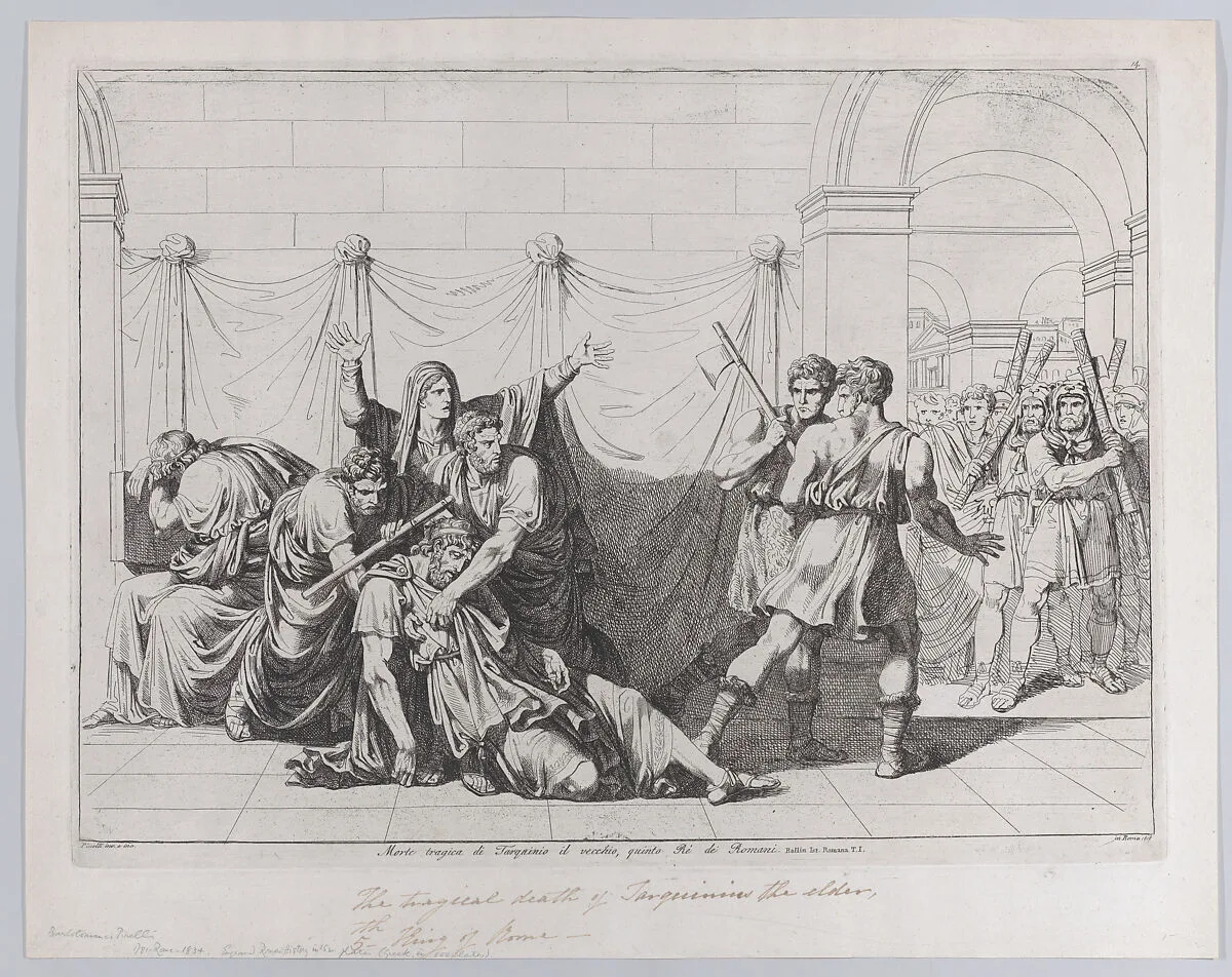 Plate 14: The Tragic Death of Tarquin the Elder; from volume I of Rollin's 'Istoria Romana' — Bartolomeo Pinelli