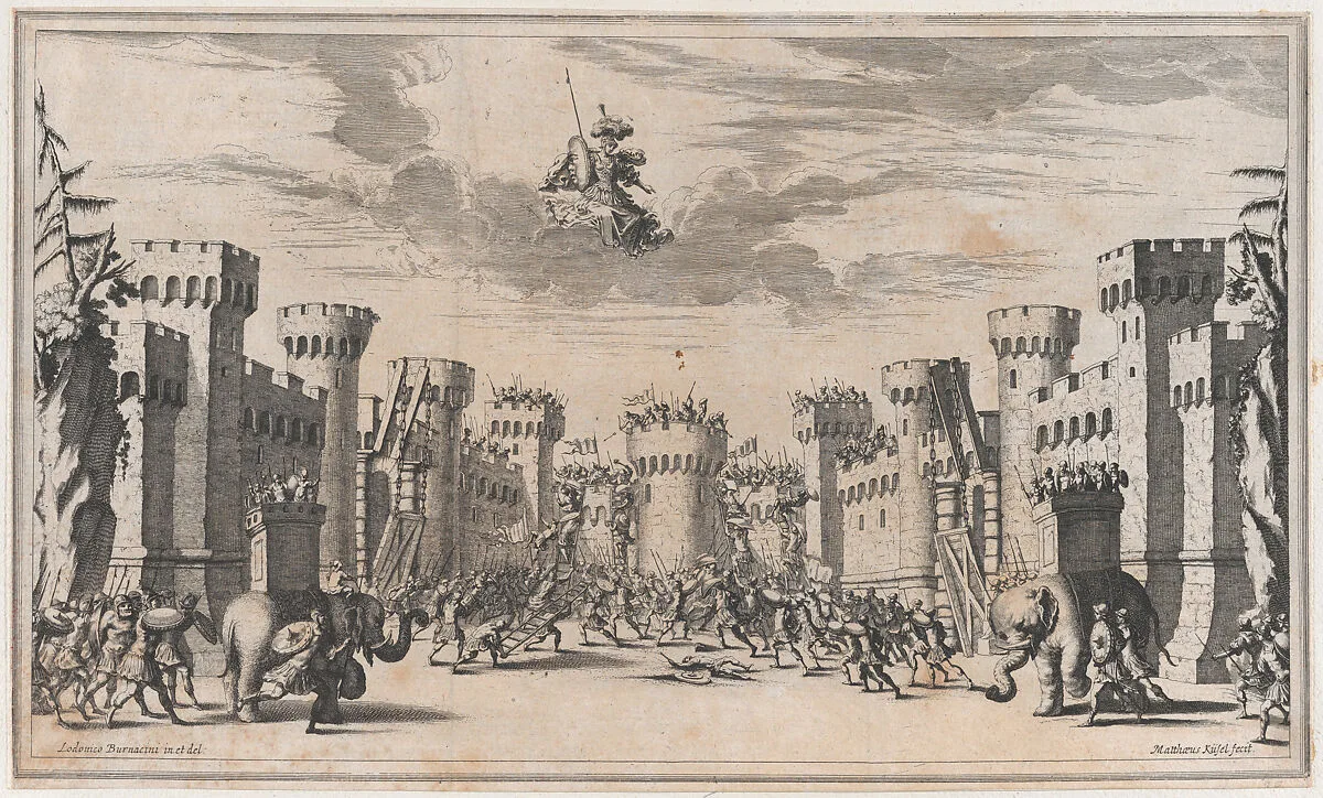 A city under siege with elephants and soldiers throughout; Mars looking down from above; set design from 'Il Pomo D'Oro' — Ludovico Ottaviano Burnacini|Mathäus Küsel