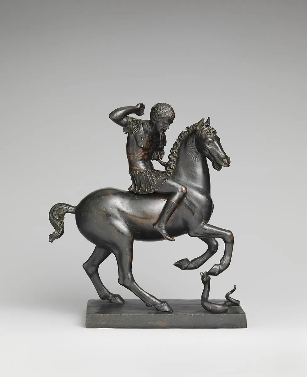 Horse and rider startled by a snake — Unknown