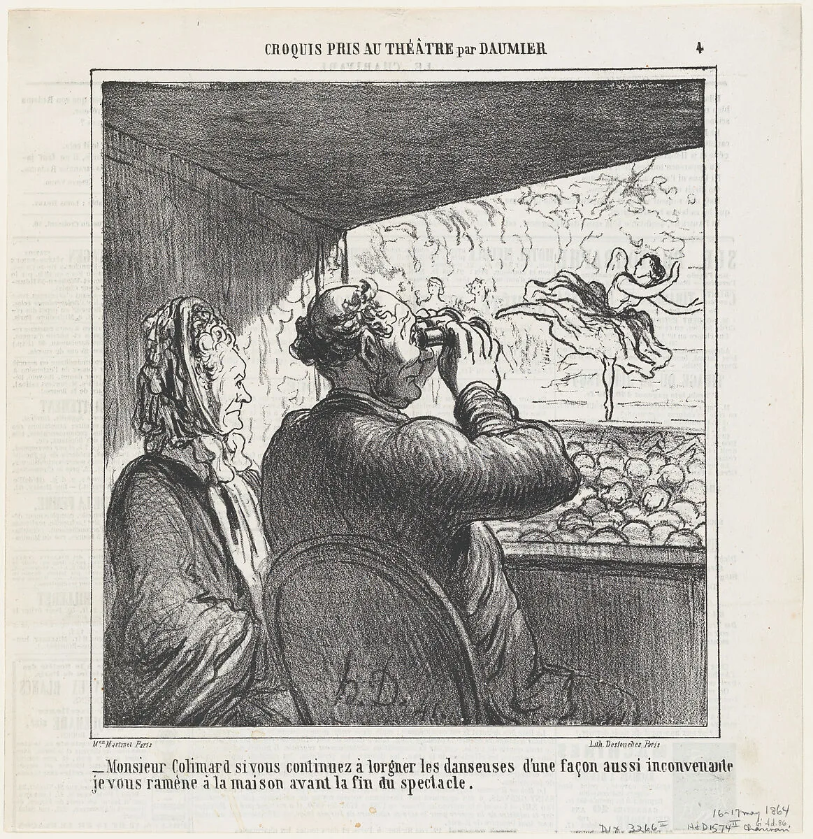 Mr. Colimard, if you don't immediately stop ogling the dancers..., from 'Theater sketches,' published in Le Charivari, May 4, 1864 — Destouches|Honoré Daumier|Aaron Martinet