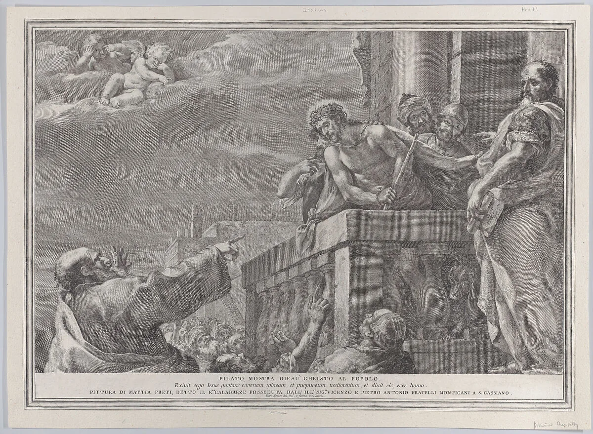Christ on a balcony surrounded by guards, Pilate stands to the right gesturing toward him; from the series of 112 prints of the sacred history, after the painting by Mattia Preti — Pietro Monaco|Mattia Preti (Il Cavalier Calabrese)|Pietro Monaco