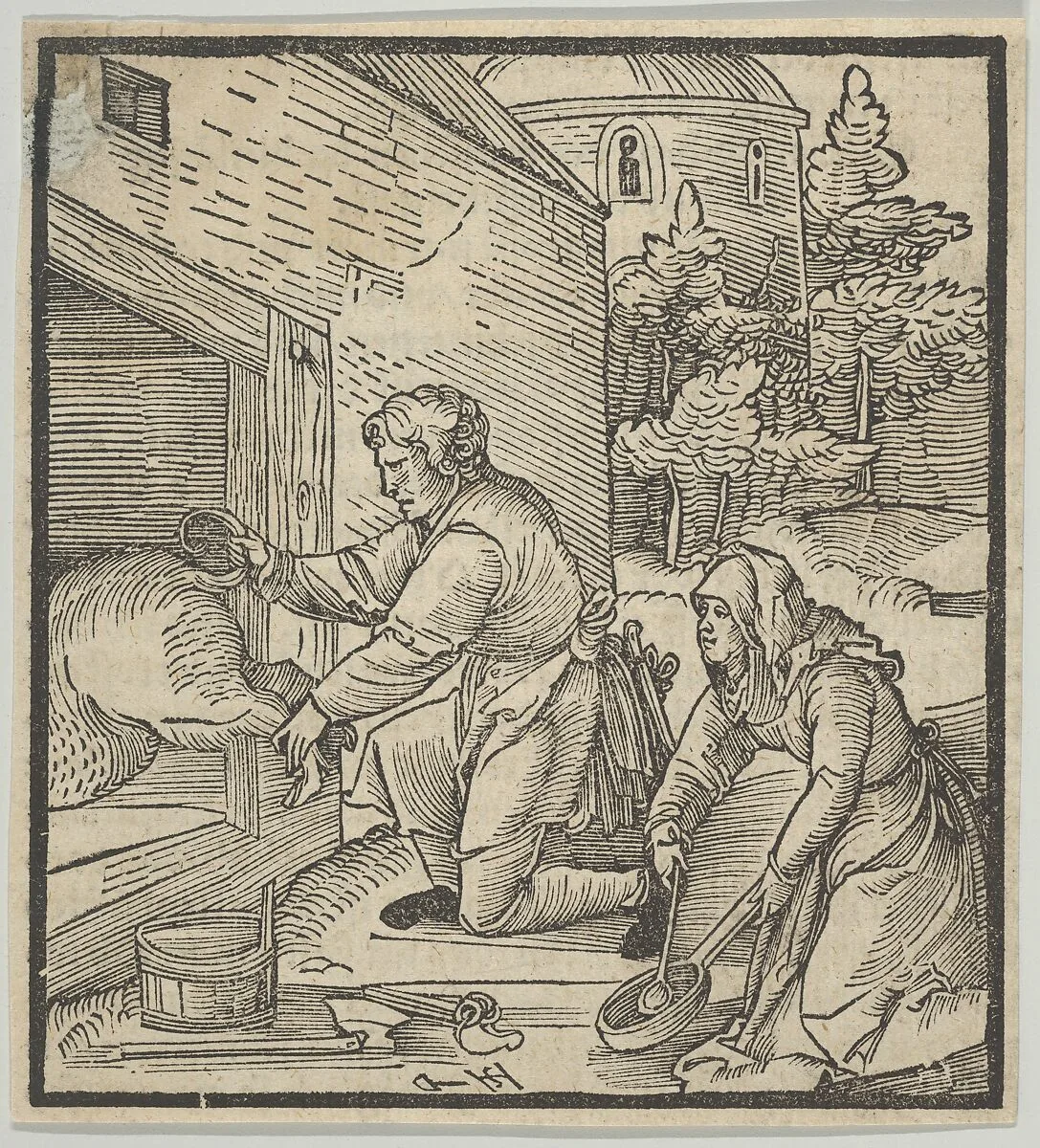 A Farmer Slaughtering a Hog, from Hymmelwagen auff dem, wer wol lebt... — Hans Schäufelein|Hans von Leonrodt|Silvan Otmar
