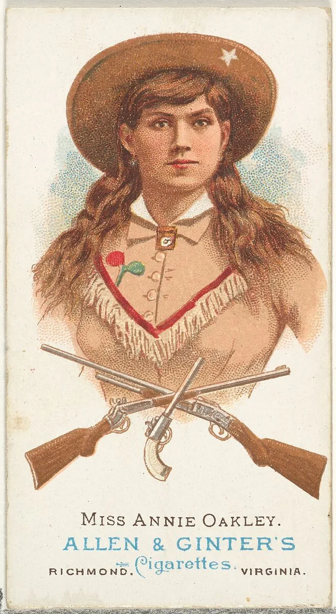 Miss Annie Oakley, Rifle Shooter, from World's Champions, Series 1 (N28) for Allen & Ginter Cigarettes — Lindner, Eddy & Claus|Allen & Ginter