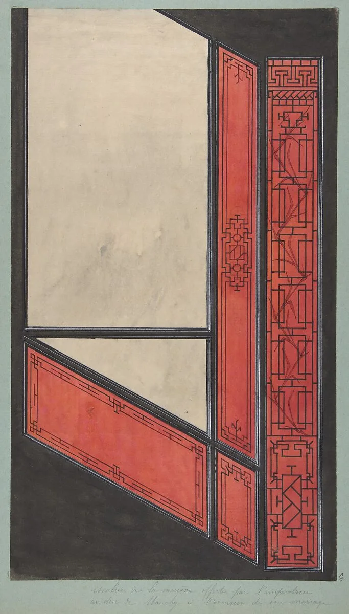 Design for the painted decoration in the Chinese style for the stairway of the house offered by the Empress to the duc de Mouchy on the occasion of his marriage — Jules-Edmond-Charles Lachaise|Eugène-Pierre Gourdet|Duc de Mouchy