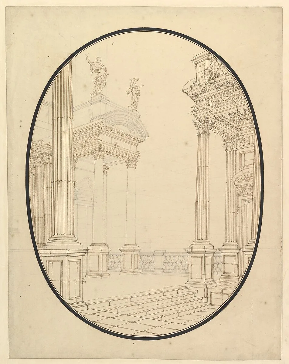 Architectural Perspective, in an Oval: Porch of a Palace with Corinthian Colums. — Ferdinando Galli Bibiena