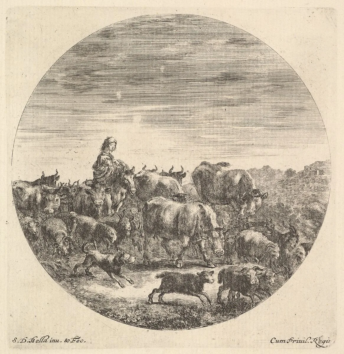 A peasant woman seated on a horse to left, facing right, surrounded by a herd of fcows, goats, sheep, and dogs, a round composition, from 'Six animal subjects' (Six sujets d'animaux) — Stefano della Bella