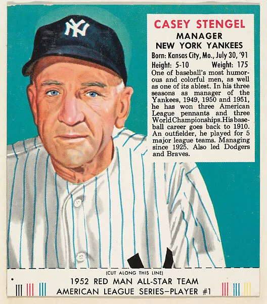 Casey Stengel, from the Red Man All-Star Team series (T232), issued by Red Man Chewing Tobacco — Red Man Chewing Tobacco