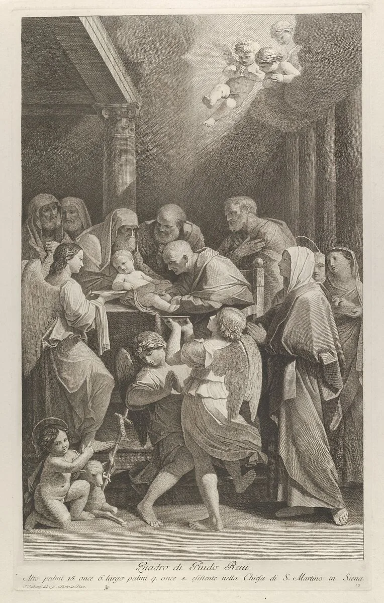 The circumcision of Christ, a group of men, women and angels surrounding him, the young Saint John the Baptist at lower left, after Reni — Guido Reni|Giuliano Traballesi|Giuliano Traballesi