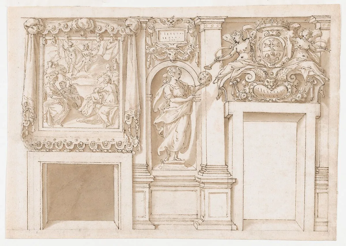 Design for a Wall Decoration with Apollo and the Muses, a Figure of Astronomy, and the Coat-of-Arms of a Grand Duke of Tuscany as Grand Master of the Order of Santo Stefano — Marco Marchetti (Marco da Faenza)