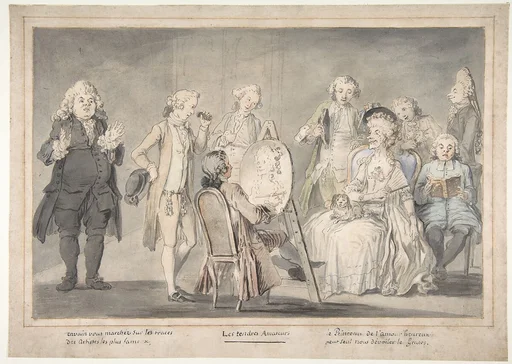 Satirical drawing: Artist Painting an Old Lady's Portrait