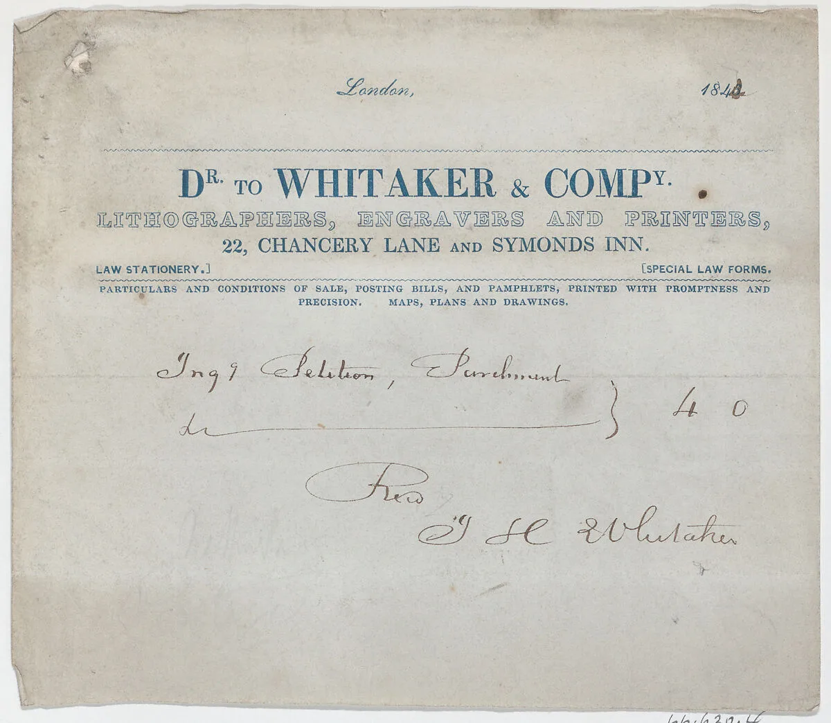 Trade Card for Dr. Whitaker & Co., Lithogravers, Engravers and Printers — Anonymous, British, 19th century