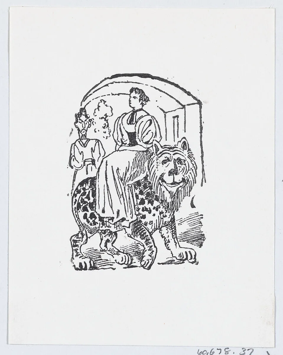 A woman riding on the back of a tiger — José Sanchez|José Guadalupe Posada