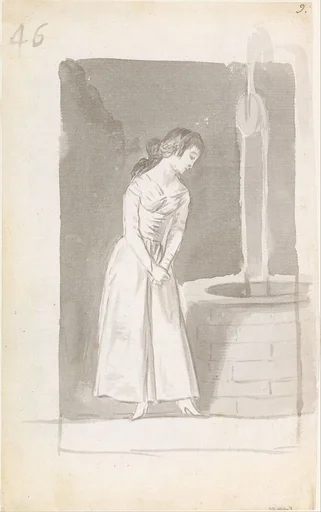 A young woman looking into a well; folio 46 (verso) from the Madrid Album B