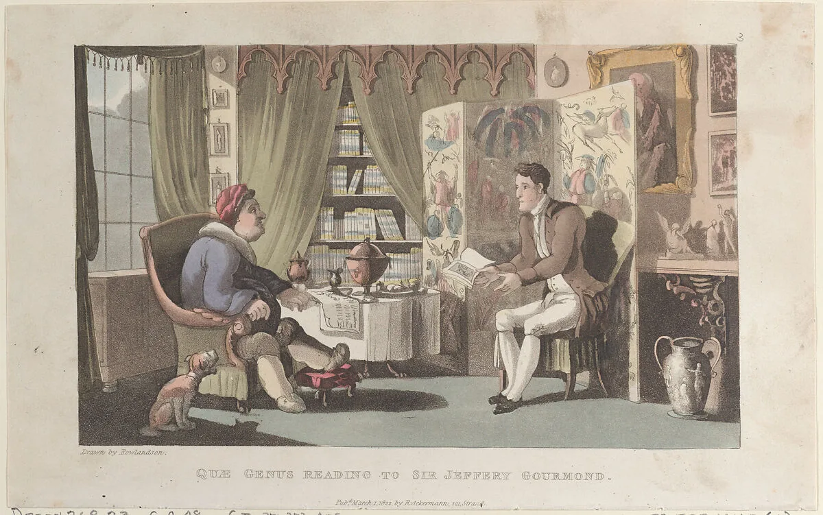 Quae Genus Reading to Sir Jeffery Gourmand — William Combe|Thomas Rowlandson|Rudolph Ackermann, London|J. Diggens