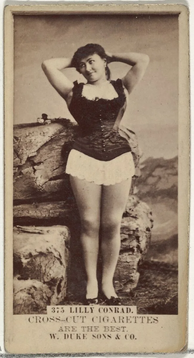 Card Number 375, Lilly Conrad, from the Actors and Actresses series (N145-3) issued by Duke Sons & Co. to promote Cross Cut Cigarettes — W. Duke, Sons & Co.