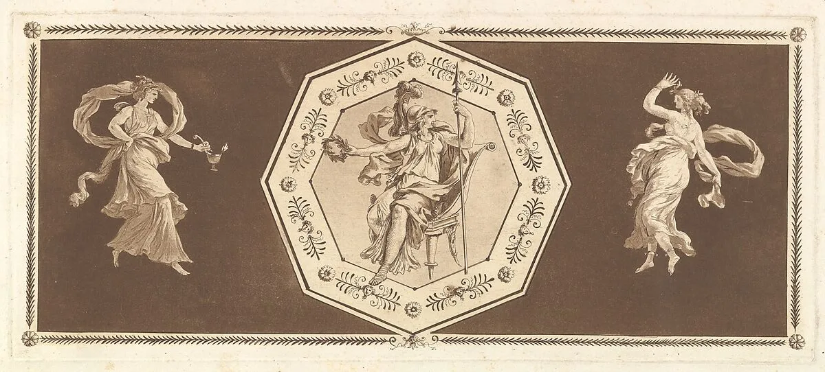 Minerve assisse dans un octagone décoratif, avec une figure à gauche et à doroite (la Nuit et le Jour?) (Minerva seated within an octagonal border, wth a figure at the right and at the left (Night and Day?), from Recueil de Différentes Compositions Frises et Ornements dessinées et gravées à la manière du lavis par La Grenée le Juene Se trouve chez l'Auteur, au Louvre et chez Basan, rue et Hôtel Serpente A Paris, in an album containing Recueil de Compositions par Lagrenée Le Jeune (Collection of Compositions by Lagrenée the Younger) — Jean Jacques Lagrenée