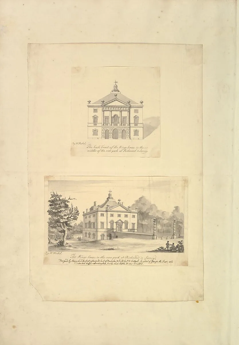 Leaf from Aedes Walpolinae mounted with (a): Elevation of Back Facade of the Kings House, Richmond, Surrey and (b): Perspective View of the Entrance Front of the Kings House, Richmond, Surrey — Augustus Heckel|Henry Herbert, 9th Earl of Pembroke