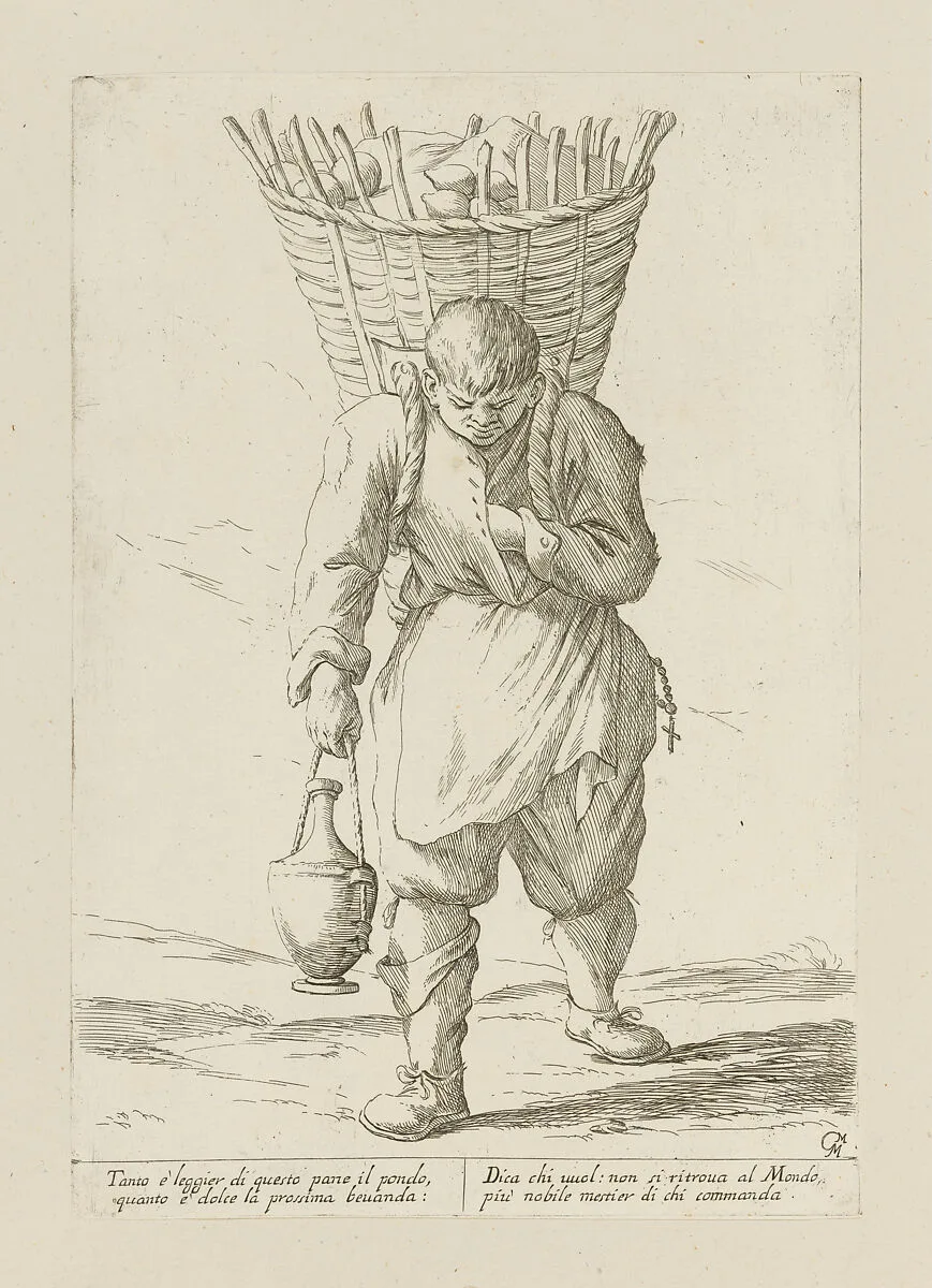 Man Carrying Bread in a Basket, from Di Bologna l'Arti per via D'An.ibal' Ca.rac, plate 35 — Giuseppe Maria Mitelli|Annibale Carracci|Giovanni Giacomo De Rossi