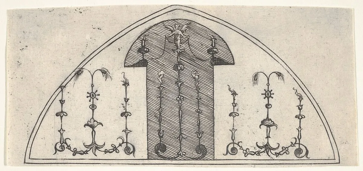 Lancet-shaped panel of grotesque decoration — Enea Vico